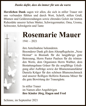 Traueranzeige von Rosemarie Mauer von UEL