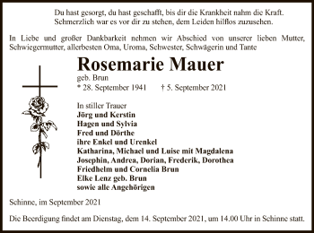 Traueranzeige von Rosemarie Mauer von UEL