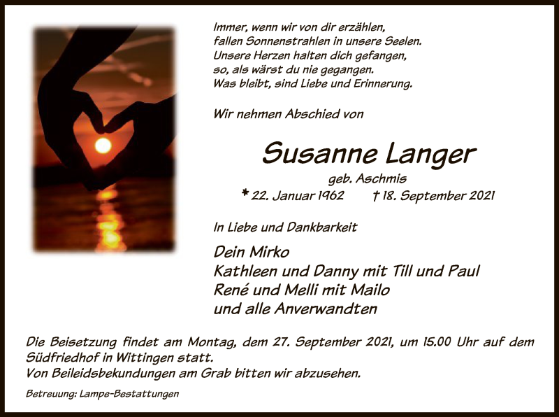  Traueranzeige für Susanne Langer vom 24.09.2021 aus UEL