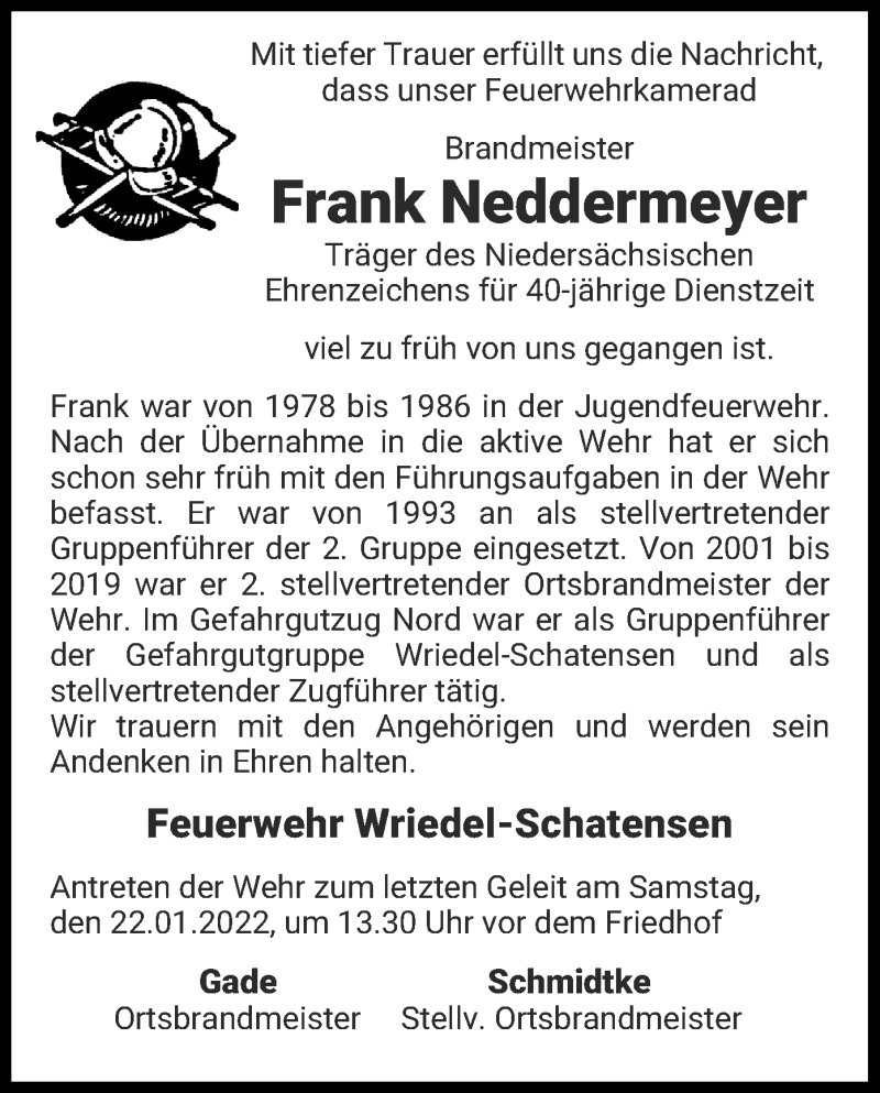  Traueranzeige für Frank Neddermeyer vom 21.01.2022 aus UEL 