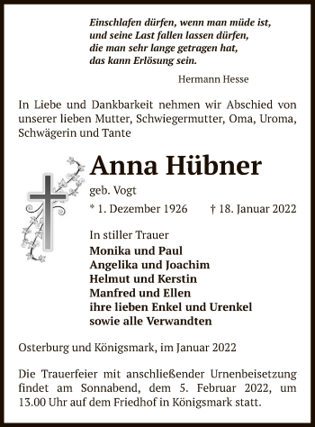 Traueranzeige von Anna Hübner von UEL