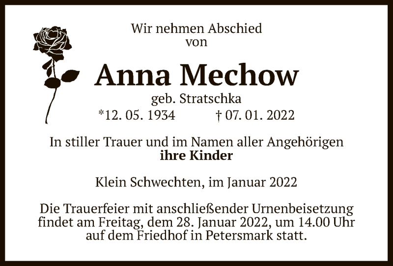  Traueranzeige für Anna Mechow vom 12.01.2022 aus UEL