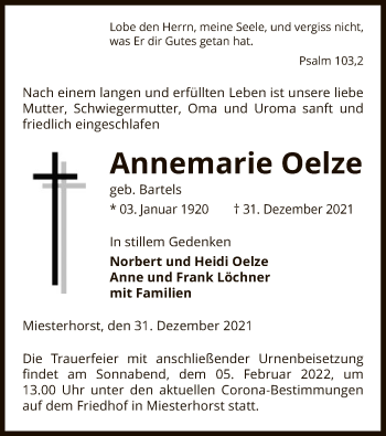 Traueranzeige von Annemarie Oelze von UEL