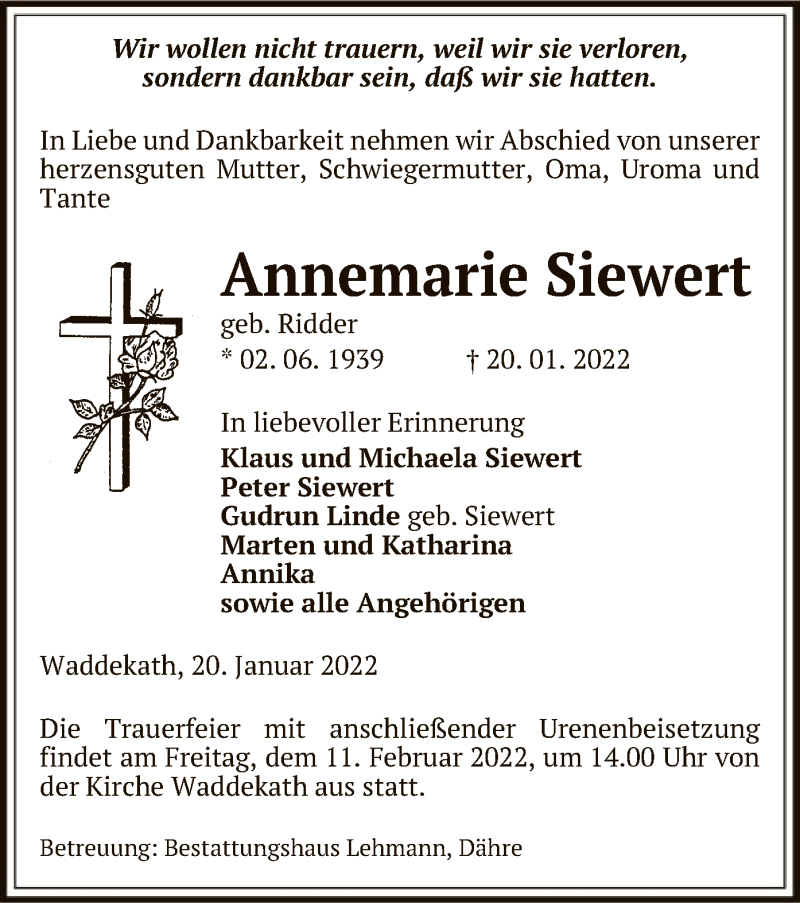  Traueranzeige für Annemarie Siewert vom 22.01.2022 aus UEL