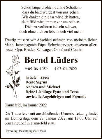 Traueranzeige von Bernd Lüders von UEL