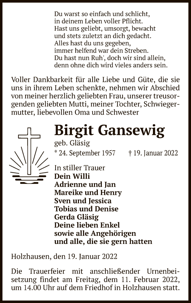 Traueranzeige für Birgit Gansewig vom 22.01.2022 aus UEL
