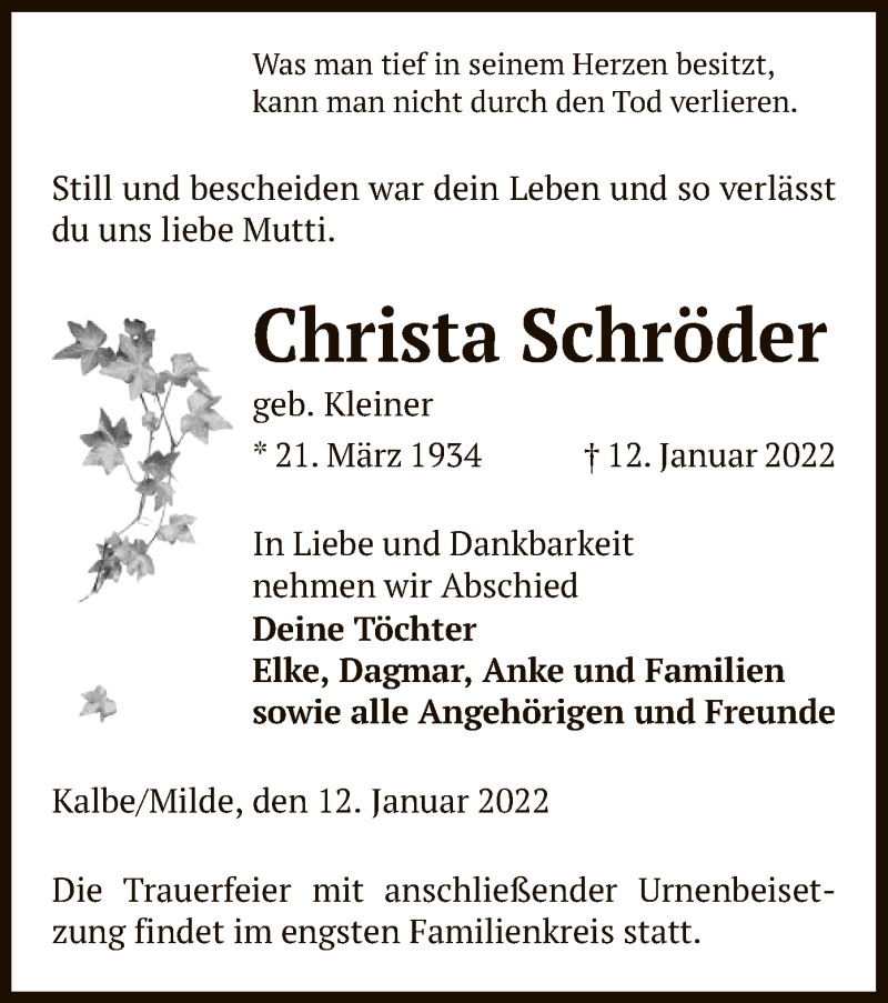  Traueranzeige für Christa Schröder vom 15.01.2022 aus UEL