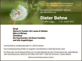 Traueranzeige von Dieter Behne von UEL