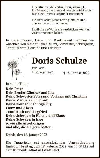 Traueranzeige von Doris Schulze von UEL