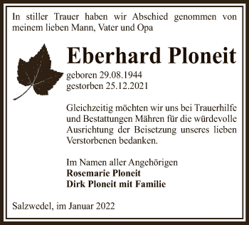 Traueranzeige von Eberhard Ploneit von UEL