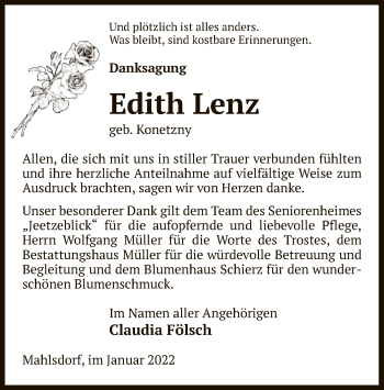 Traueranzeige von Edith Lenz von UEL