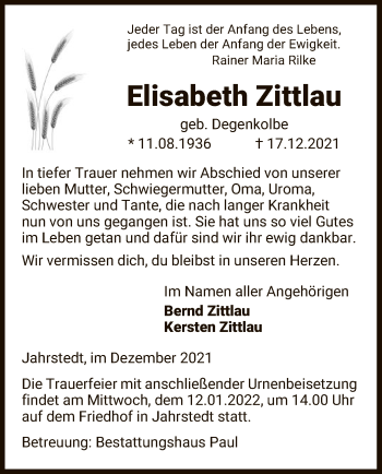 Traueranzeige von Elisabeth Zittlau von UEL