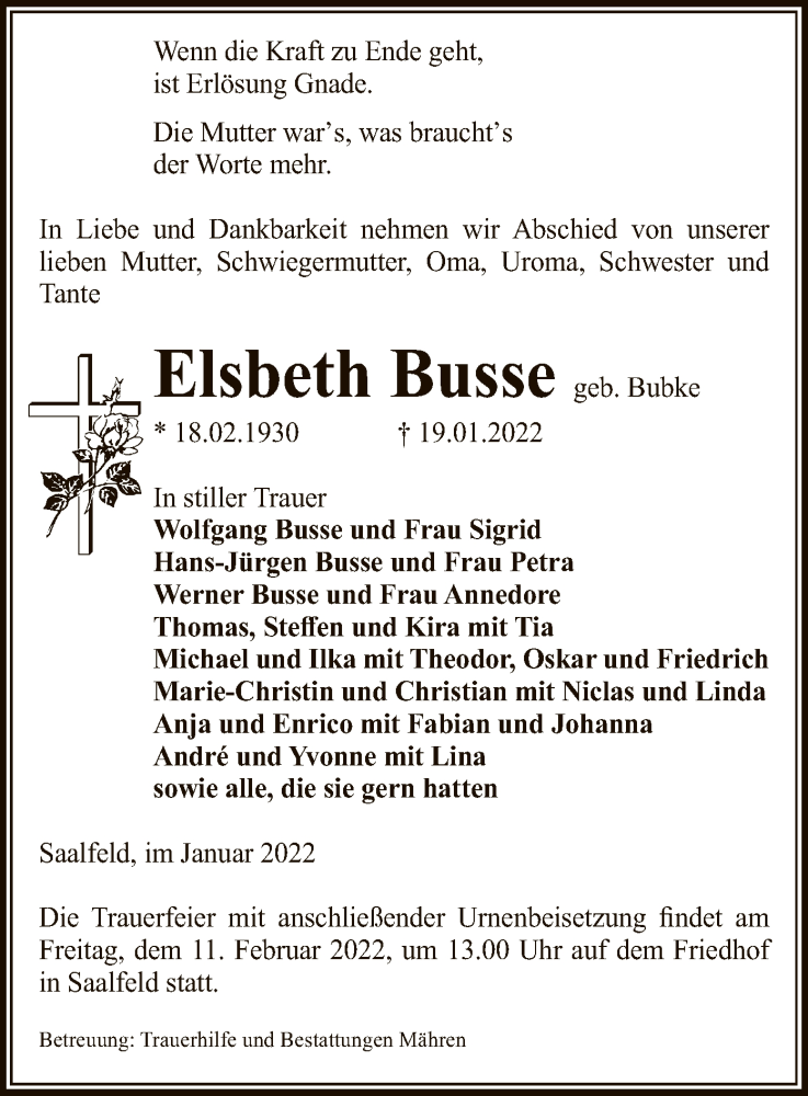  Traueranzeige für Elsbeth Busse vom 22.01.2022 aus UEL