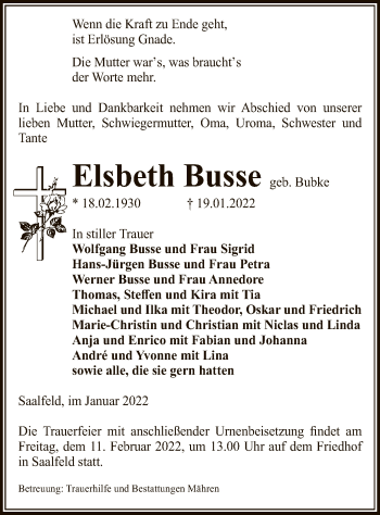 Traueranzeige von Elsbeth Busse von UEL