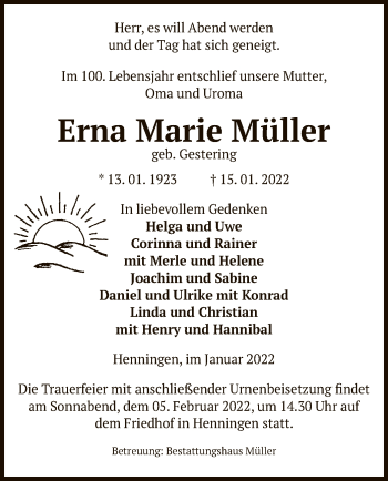 Traueranzeige von Erna Marie Müller von UEL