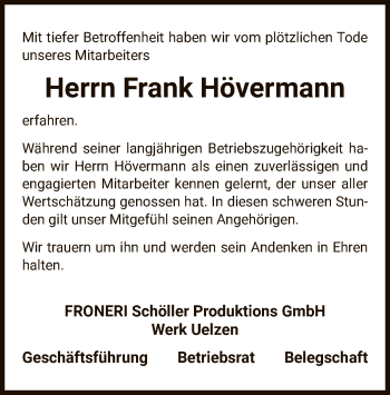 Traueranzeige von Frank Hövermann von UEL