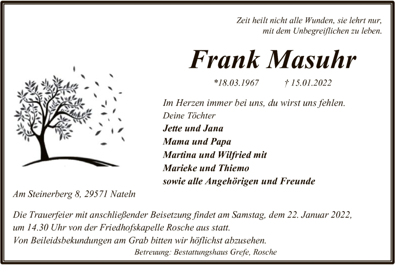 Traueranzeige für Frank Masuhr vom 18.01.2022 aus UEL