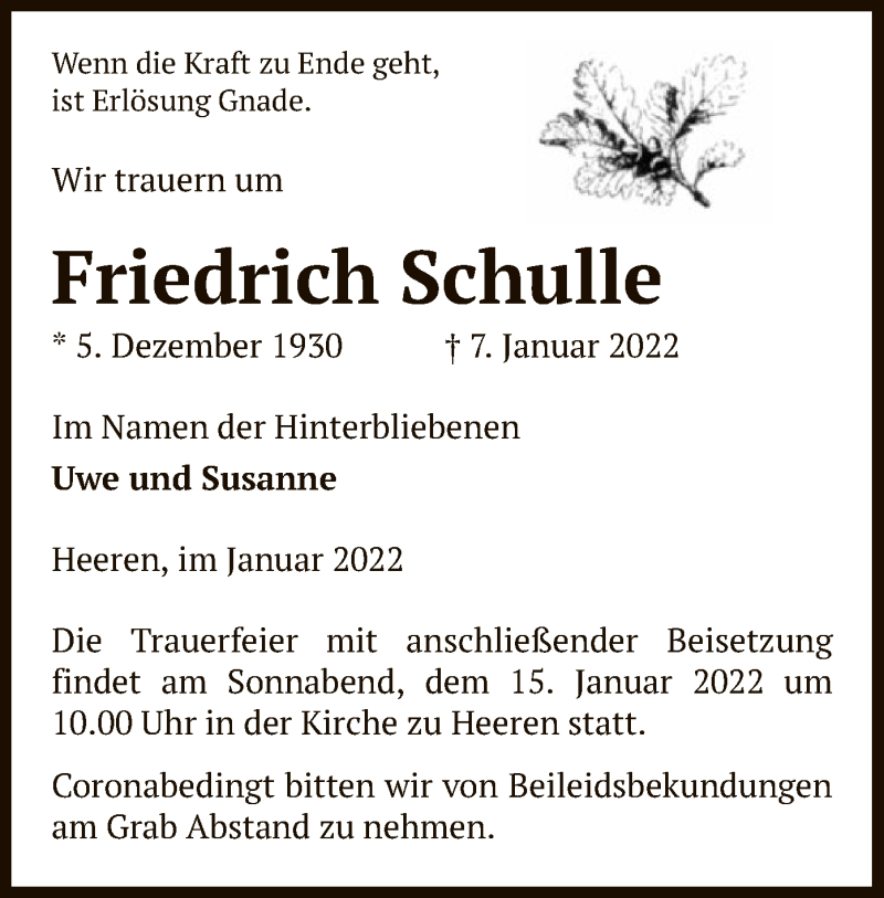  Traueranzeige für Friedrich Schulle vom 12.01.2022 aus UEL
