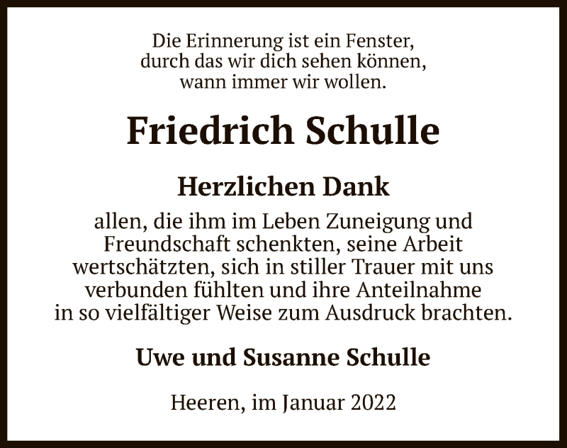  Traueranzeige für Friedrich Schulle vom 21.01.2022 aus UEL