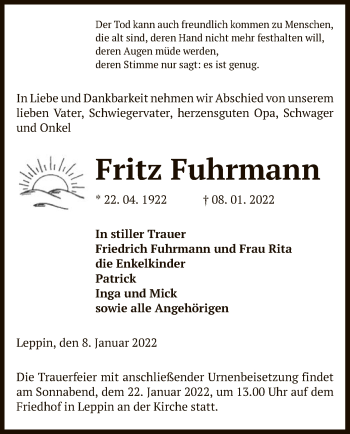 Traueranzeige von Fritz Fuhrmann von UEL