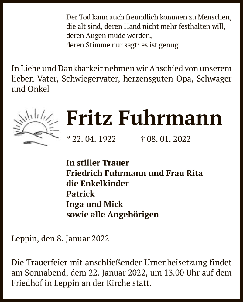  Traueranzeige für Fritz Fuhrmann vom 14.01.2022 aus UEL