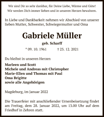 Traueranzeige von Gabriele Müller von UEL