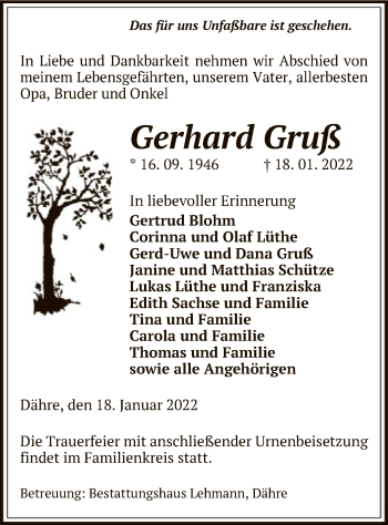 Traueranzeige von Gerhard Gruß von UEL