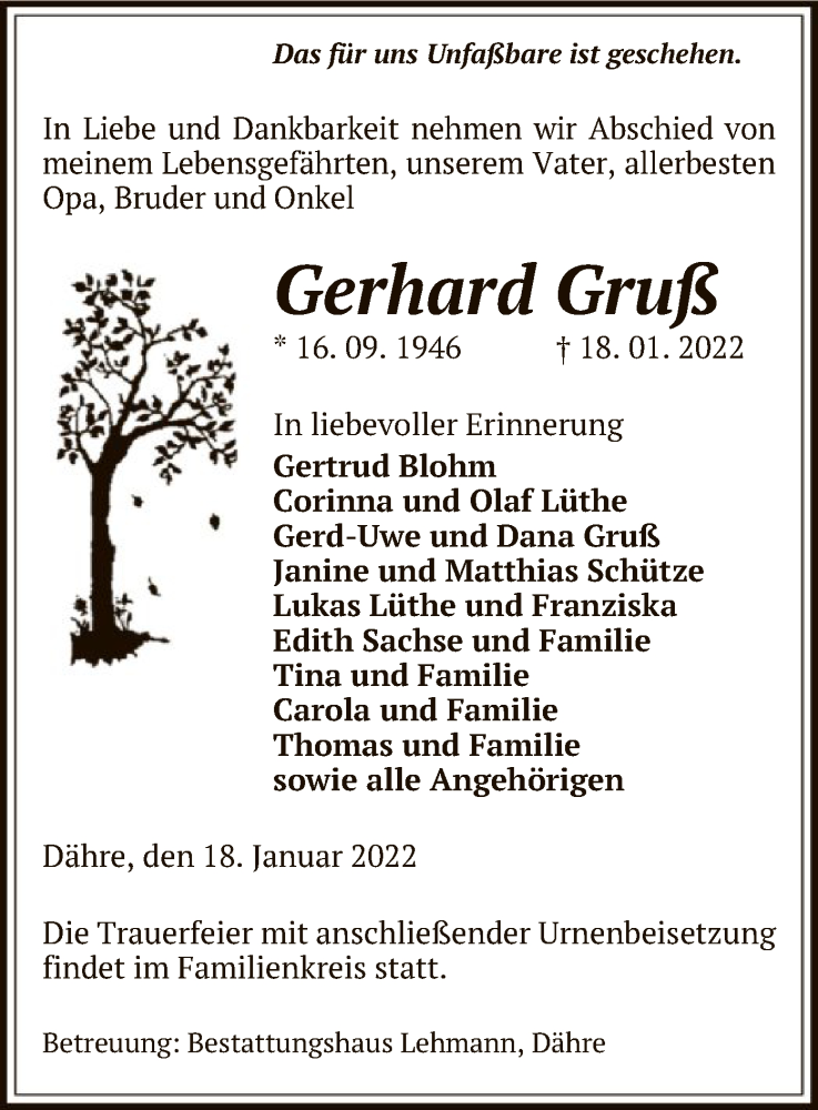  Traueranzeige für Gerhard Gruß vom 21.01.2022 aus UEL