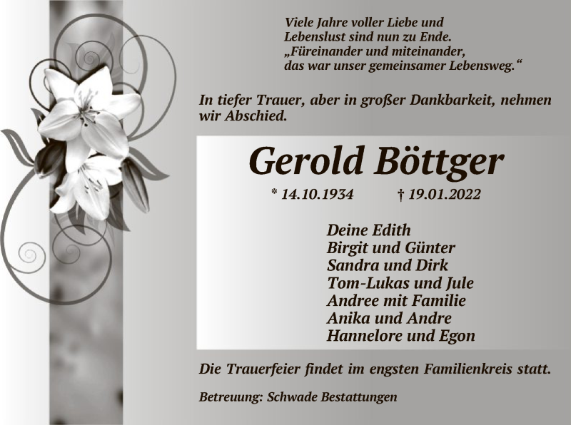  Traueranzeige für Gerold Böttger vom 22.01.2022 aus UEL