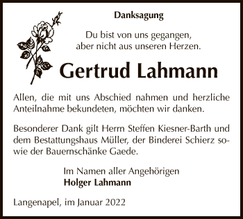 Traueranzeige von Gertrud Lahmann von UEL