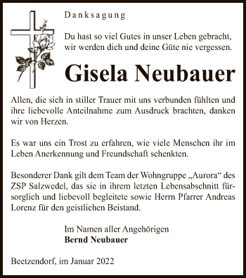 Traueranzeige von Gisela Neubauer von UEL