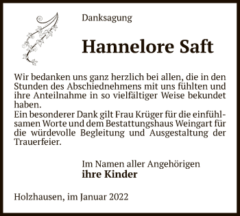 Traueranzeige von Hannelore Saft von UEL