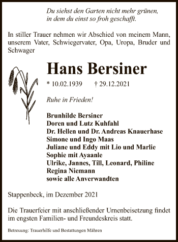 Traueranzeige von Hans Bersiner von UEL