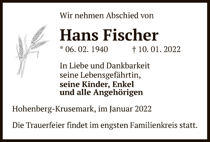  Traueranzeige für Hans Fischer vom 13.01.2022 aus UEL