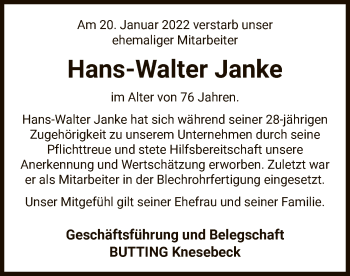 Traueranzeige von Hans-Walter Janke von UEL