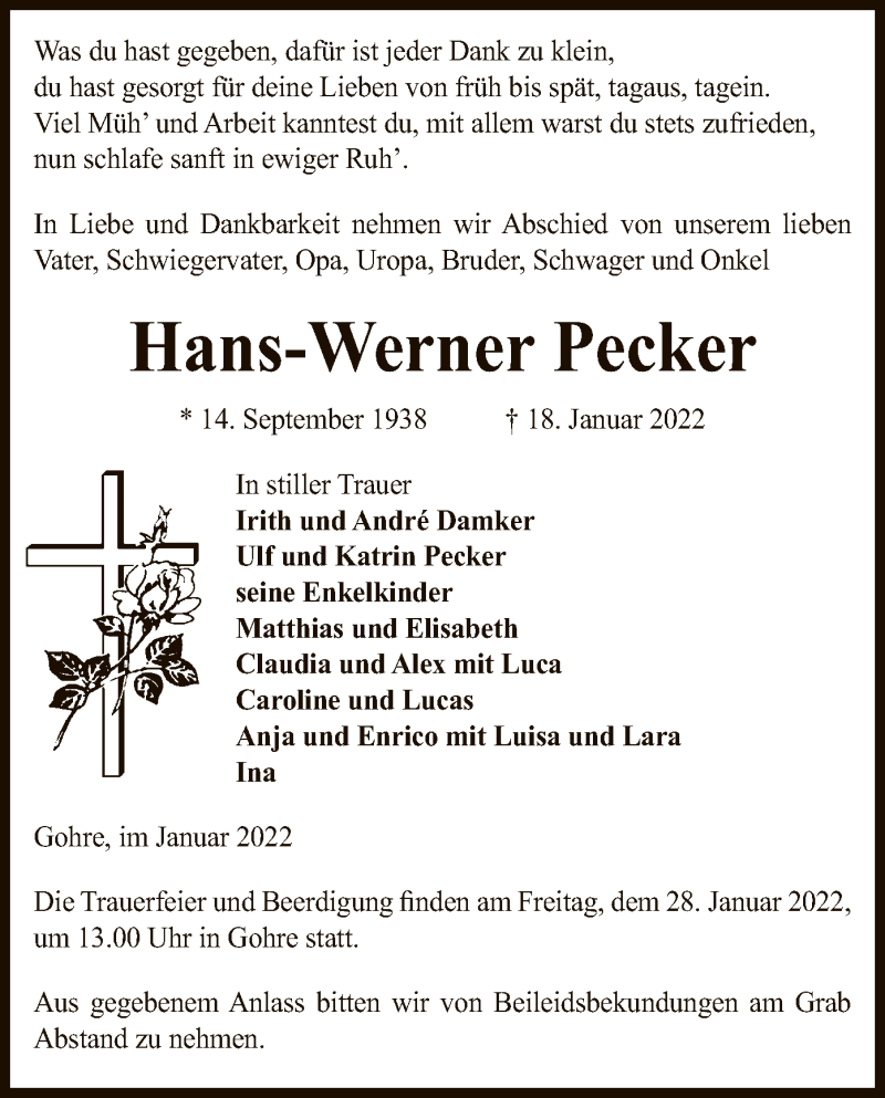  Traueranzeige für Hans-Werner Pecker vom 22.01.2022 aus UEL