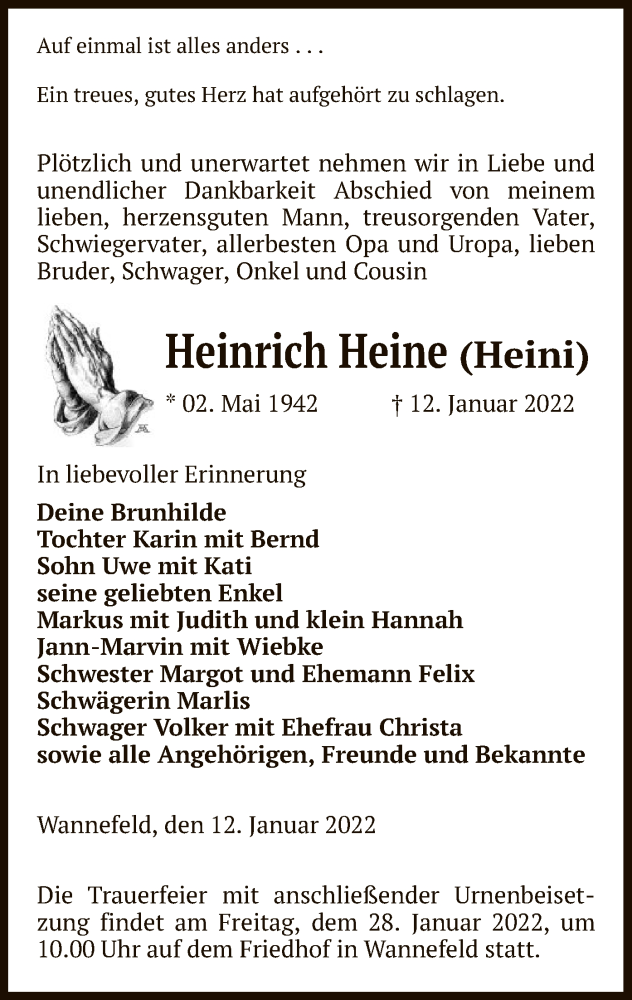  Traueranzeige für Heinrich Heine vom 15.01.2022 aus UEL