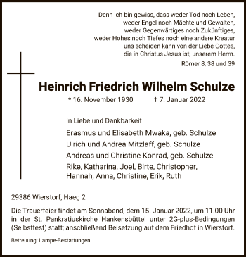 Traueranzeige von Heinrich Friedrich Wilhelm Schulze von UEL