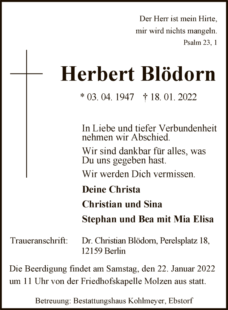  Traueranzeige für Herbert Blödorn vom 20.01.2022 aus UEL