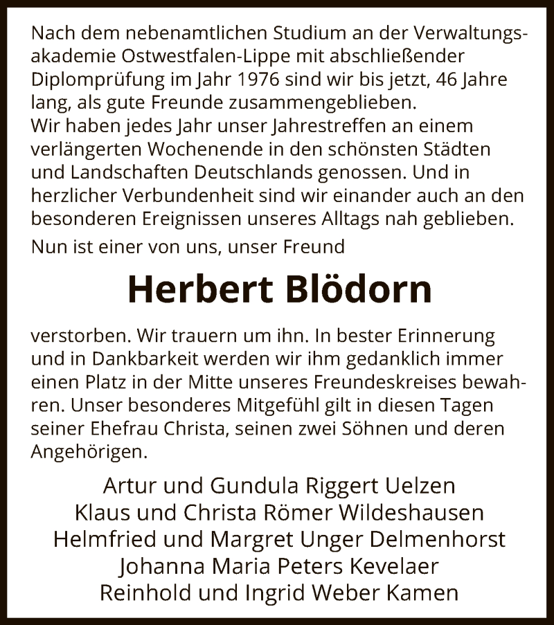  Traueranzeige für Herbert Blödorn vom 22.01.2022 aus UEL