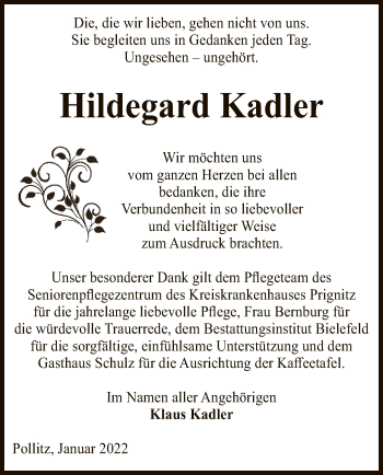 Traueranzeige von Hildegard Kadler von UEL