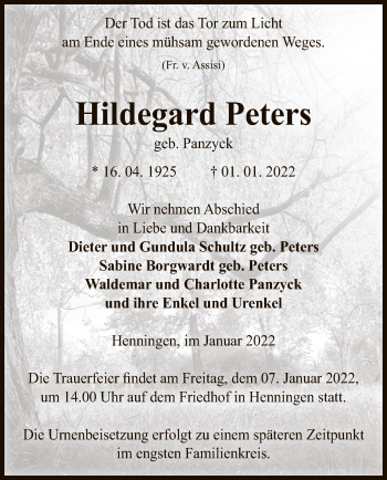 Traueranzeige von Hildegard Peters von UEL