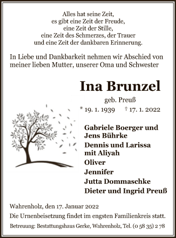 Traueranzeige von Ina Brunzel von UEL