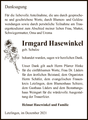 Traueranzeige von Irmgard Hasewinkel von UEL