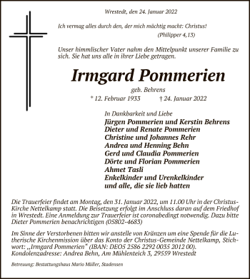 Traueranzeige von Irmgard Pommerien von UEL