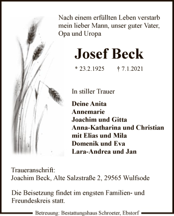 Traueranzeige von Josef Beck von UEL
