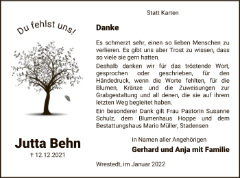 Traueranzeige von Jutta Behn von UEL