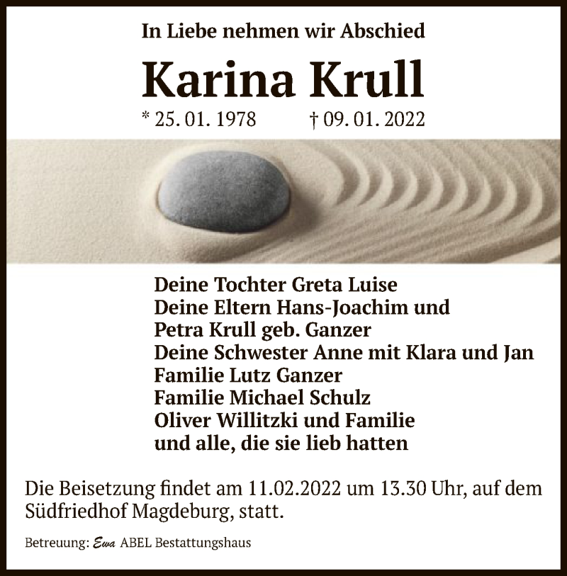  Traueranzeige für Karina Krull vom 29.01.2022 aus UEL