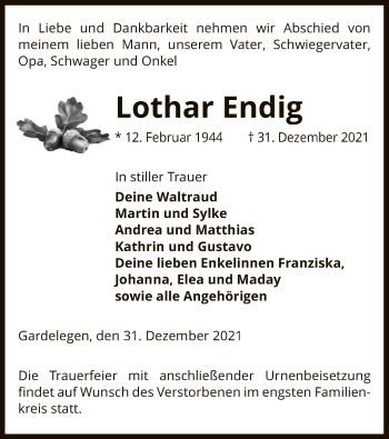 Traueranzeige von Lothar Endig von UEL