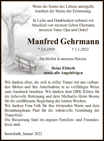 Traueranzeige von Manfred Gehrmann von UEL